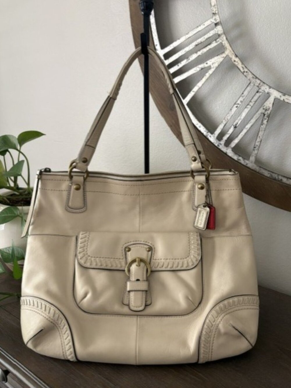 Coach Poppy Whipstitch Leather Tote Bag Handbag Purse Cream K1169-19018
